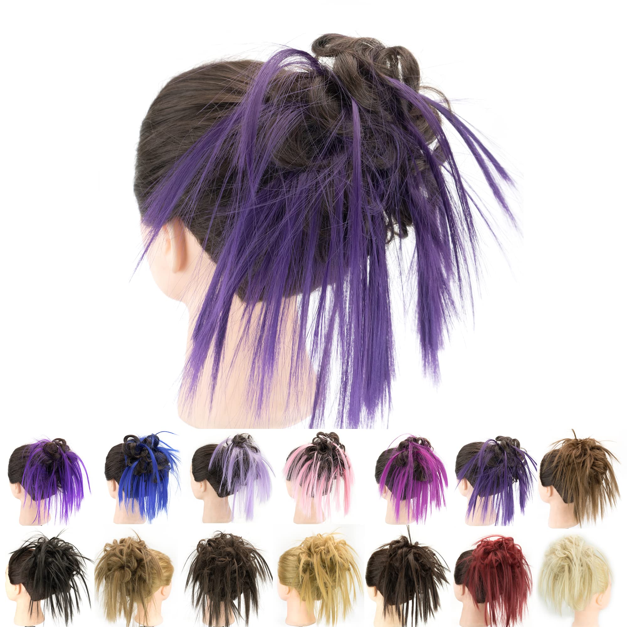 IMISSU 2PCS Messy Hair Bun Piece Updo Fake Scrunchies Extension Wavy Curly Hairpieces Ponytail Chignon Headband for Women (2PCS Brown Purple)