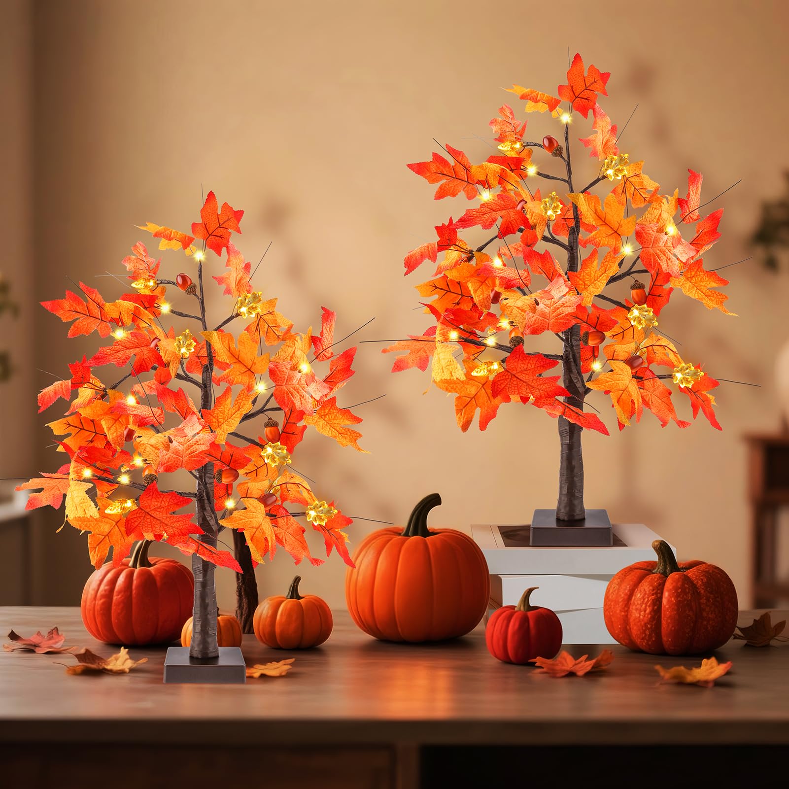 Photo 1 of 2 Pack 24" Lighted Fall Tree, Fall Decor Artificial Light Up Maple Tree with 24 Prelit Lights Thanksgiving Decoration for Home Indoor Autumn Harvest Decor