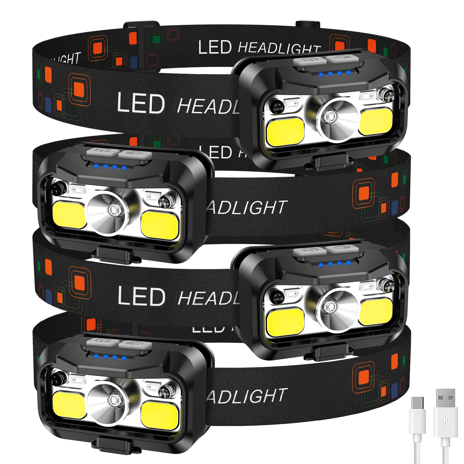 LHKNL Headlamp Rechargeable, Lumen Super Bright Motion Sensor Head Lamp Flashlight, Waterproof LED Headlight with White Red Light, 8 Mode Head Lights for Camping Cycling Running Fishing-4 Packs Image