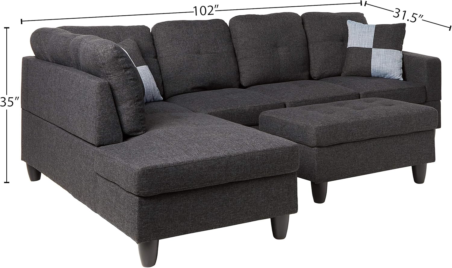 Beverly Fine Furniture Left Facing Linen Russes Sectional Sofa Set With Ottoman, Dark Grey: Furniture & Decor