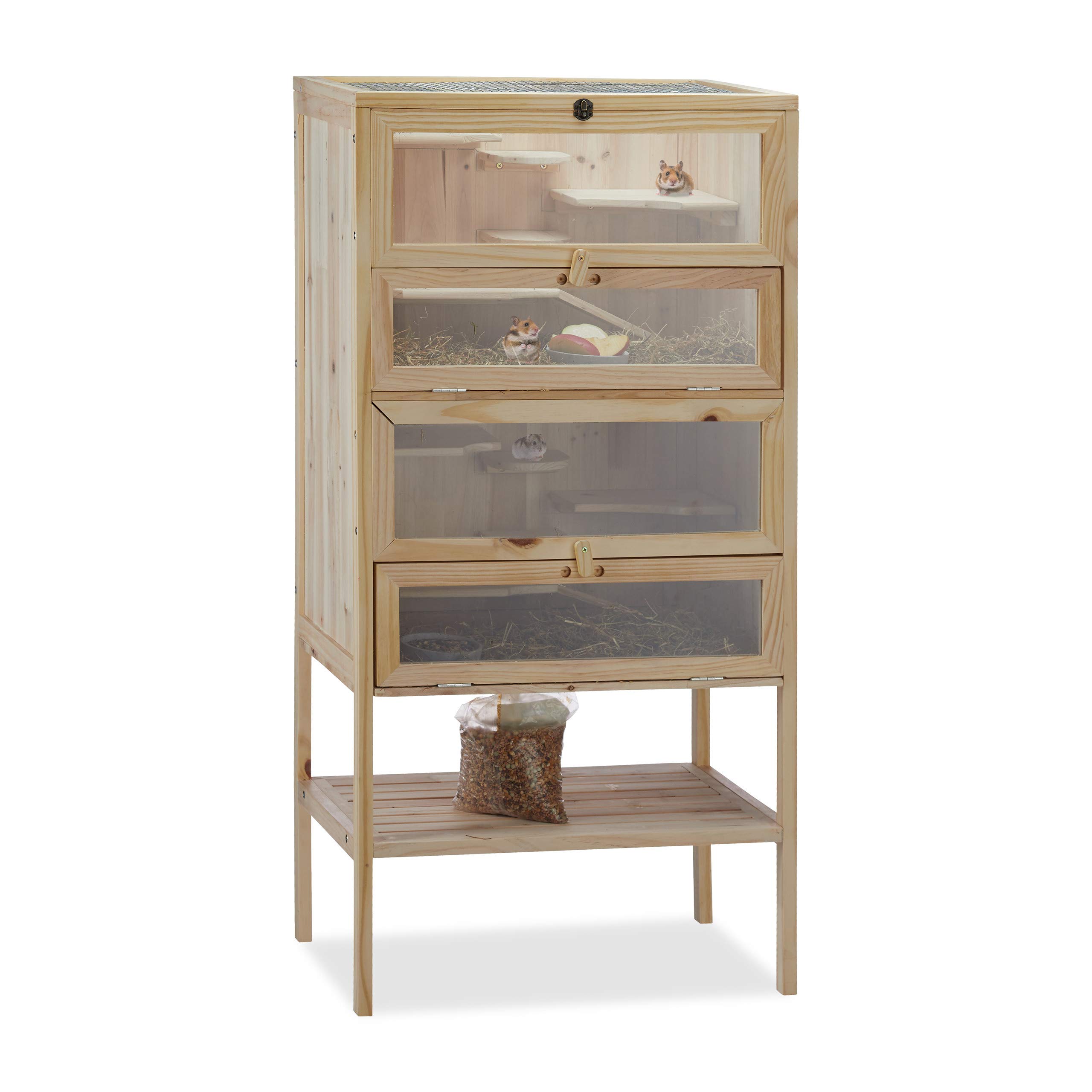 Relaxdays Wooden Hamster Cage, 3 Storeys, Windows, Grid Roof, Rodent Pen, XXL, HWD: 120x60x40 cm, Natural