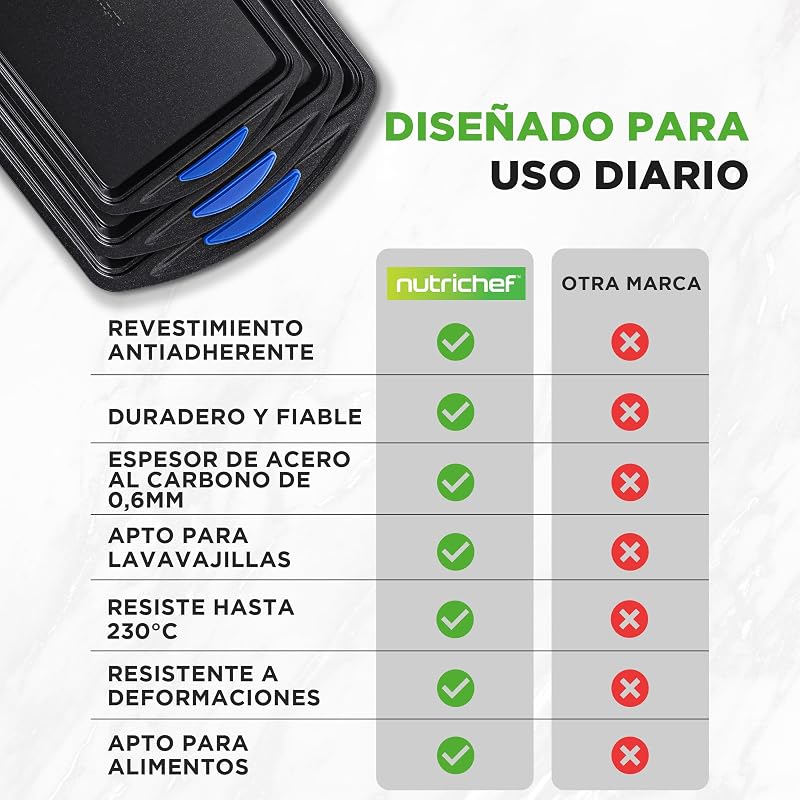 bandejas horno, Set de 3, Mangos de silicona, Apilables, Acero al carbono resistente, Antiadherente — foto 4 de 8