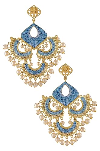 Amrapali Malya Gold Plated Blue Leafy Pearl Multi Moon Jaali Earrings for Women (BM(EER)17-53)