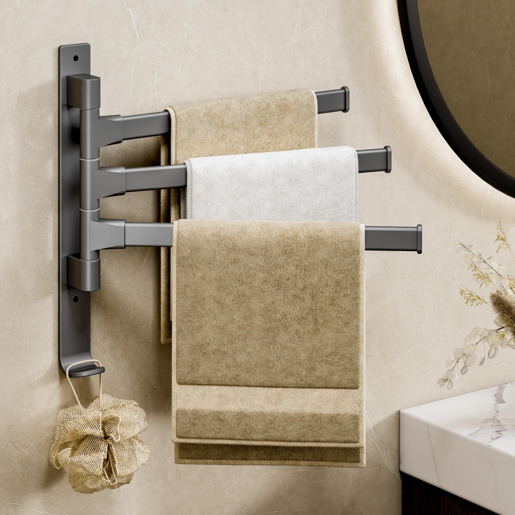 yozhch Swivel Towel Rail Wall Mounted, Bathroom Rotating Small Towel Rack, Lavatory Swing Hand Towel Holder Folding Bar, 3 Arm Length 32cm, Grey