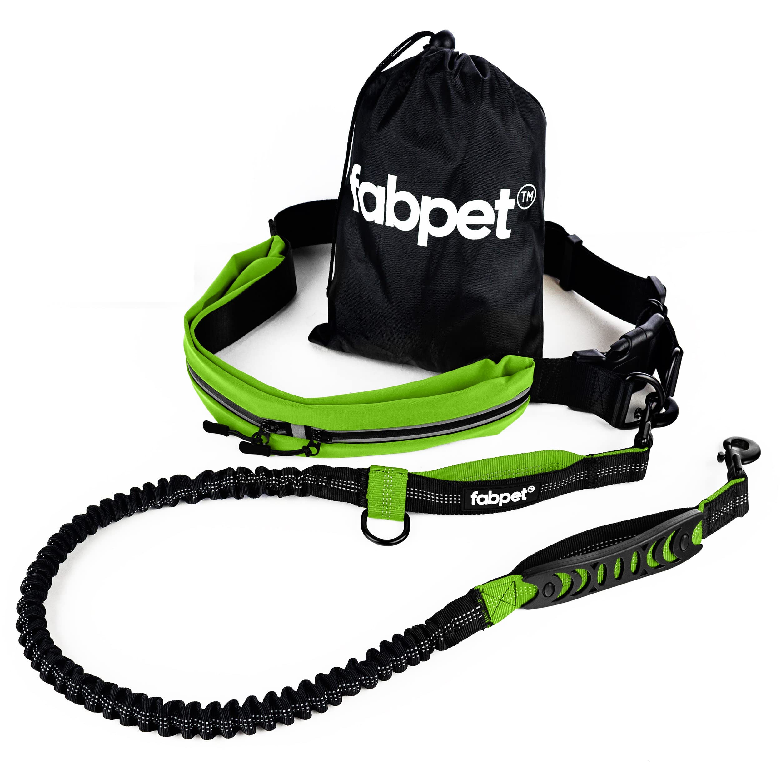 Fabpet Hands Free Dog Lead for Running, Walking and Jogging - Strong Dual D-ring Design up to 60kg, Adjustable Waist Belt with Integrated Pouch for Medium & Large Dogs