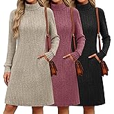 Velvelhall 3 Pack Women's Long Sleeve Sweater Dresses, Ribbed Knit Turtle Neck Casual Tunic Dresses with Pockets Fall Outfits