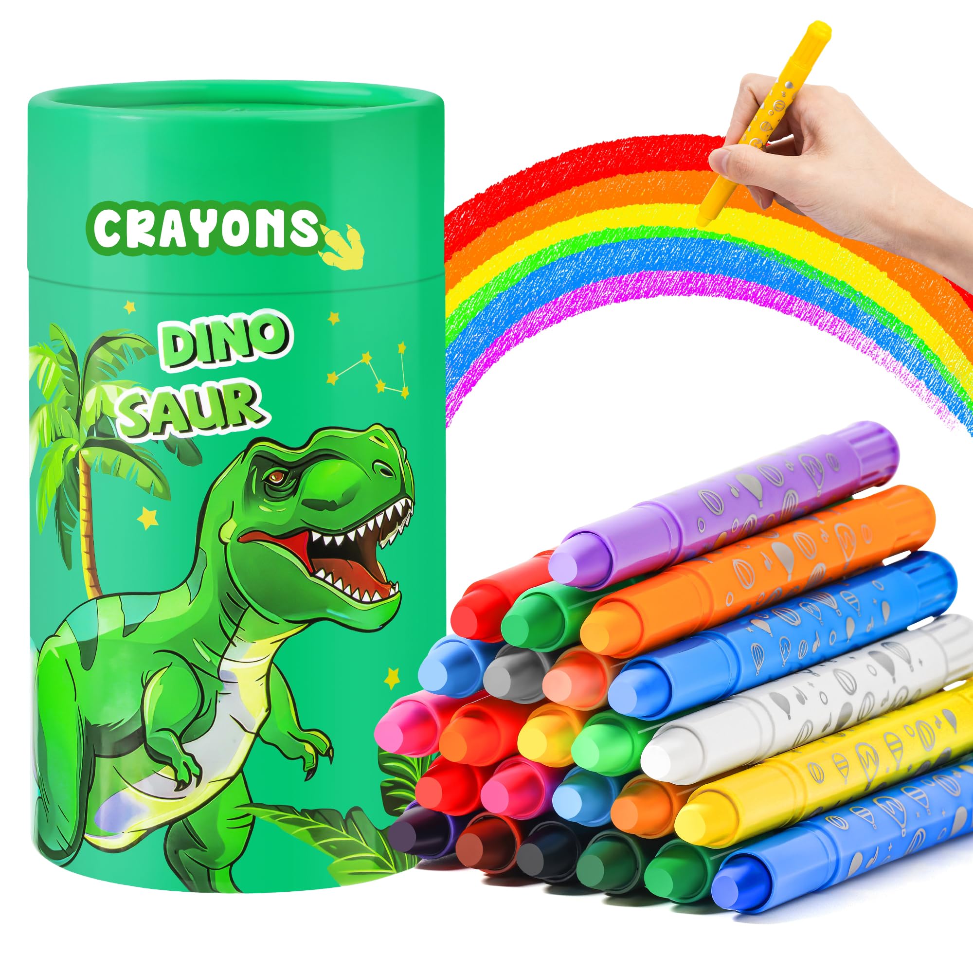 JYPS Washable Crayons for Kids, 24 Colors Silky Crayons Set with Dinosaurs Pen Holder, Non-Toxic Safe for Toddlers, Art Supplies Coloring Set for Children, Easter Gifts for 4-12 Girls/Boys
