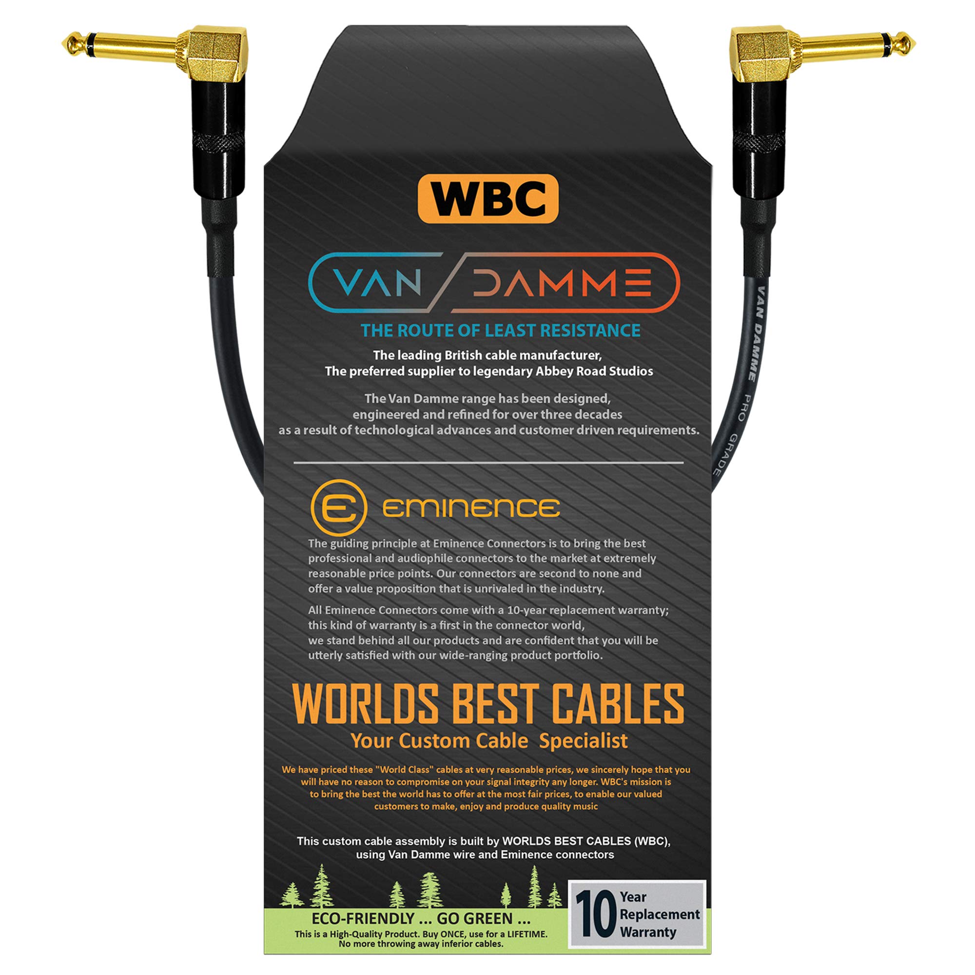15 CM - Van Damme Pro Grade Classic XKE - Premium, Ultra-Flexible Multi-Shielded Guitar Bass Instrument Effects Pedal Patch Cable w/Eminence R/Angled Gold ¼ inch TS Plugs & Staggered Boots