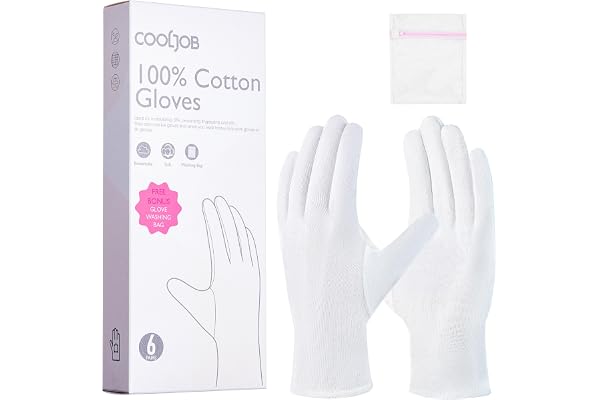 COOLJOB 100% White Cotton Gloves for Sleeping, 6 Pairs Spa Mask for Dry Hands Cream, Moisturizing & Eczema, Overnight Lotion,
