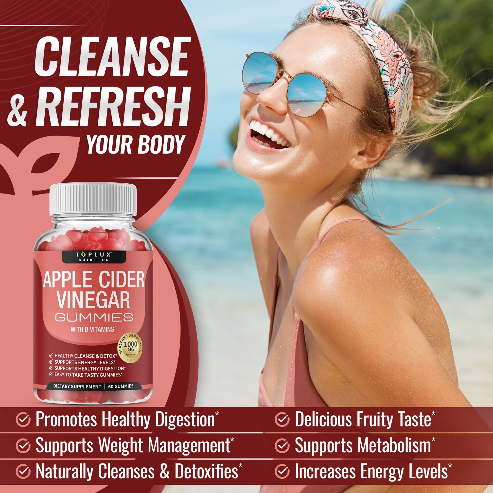 Toplux Apple Cider Vinegar Gummies - 1000mg ACV with B12, Beet Root, Pomegranate for Immune System, Detox & Cleanse, Gummy Alternative to Apple Cider Vinegar Capsules, for Men Women 2X Pack