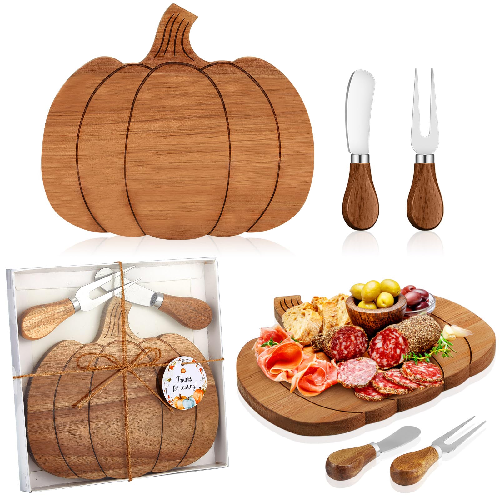 Photo 1 of Ziliny 2 Sets Pumpkin Cheese Board Fall Party Favors Small Thanksgiving Wood Cheese Board with Knife Set for Kitchen Decoration