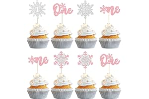 Gyufise 24Pcs Double Layer Snowflake One Cupcake Toppers Pink Glitter Winter First Birthday Decorations for Winter Onederland 1st Birthday Girl Wonderland Decorations Supplies
