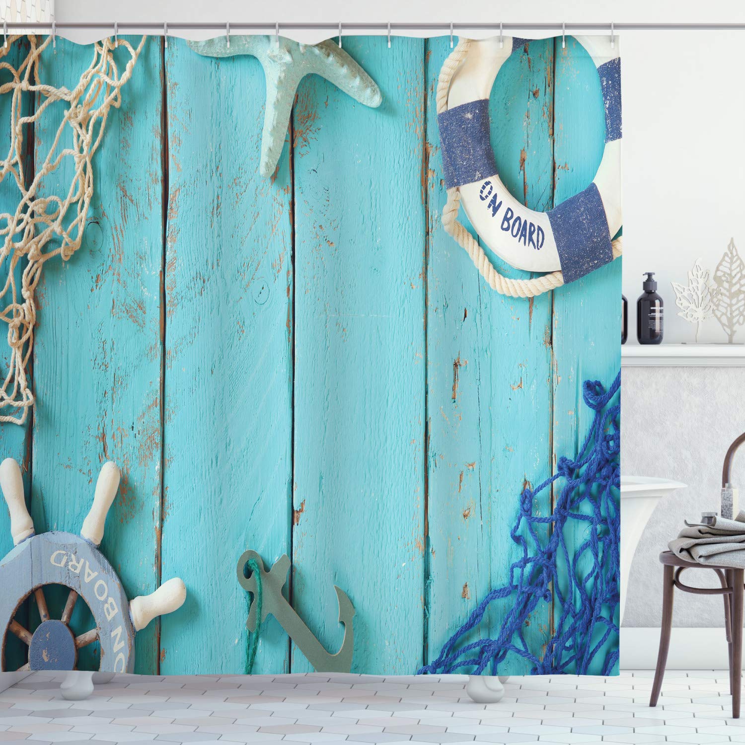 ABAKUHAUS Nautical Shower Curtain, Nautical Lifestyle Theme Vintage Steering Wheel Stars Net Lifebuoy, Cloth Fabric Bathroom Decor Set with Hooks, 86 Inches Extra Long, Turquoise Navy Blue