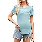 OUGES Womens 2026 Maternity Tops Shirts Pleated Short Sleeve Crew Neck Tunic Summer Casual Pregnancy Clothes