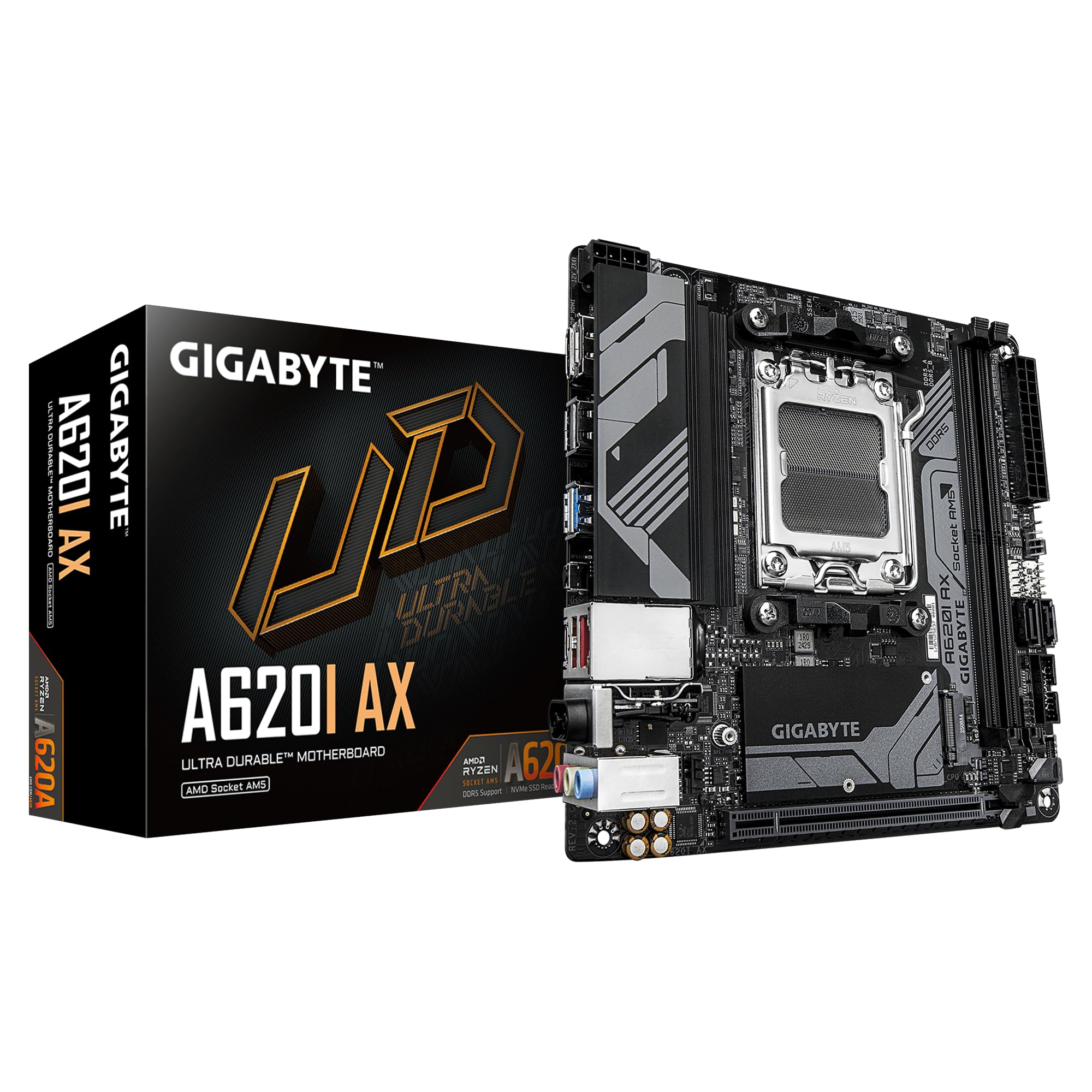 Photo 1 of GIGABYTE A620I AX (AM5/ LGA 1718/ AMD/ A620/ Mini-ITX/ 5-Year Warranty/ DDR5/ Single M.2/ PCIe 4.0/ USB 3.2 Gen1 Type-C/Realtek Wi-Fi 6E/ Realtek 2.5GbE/ Q-Flash Plus/PCIe EZ-Latch/Motherboard)