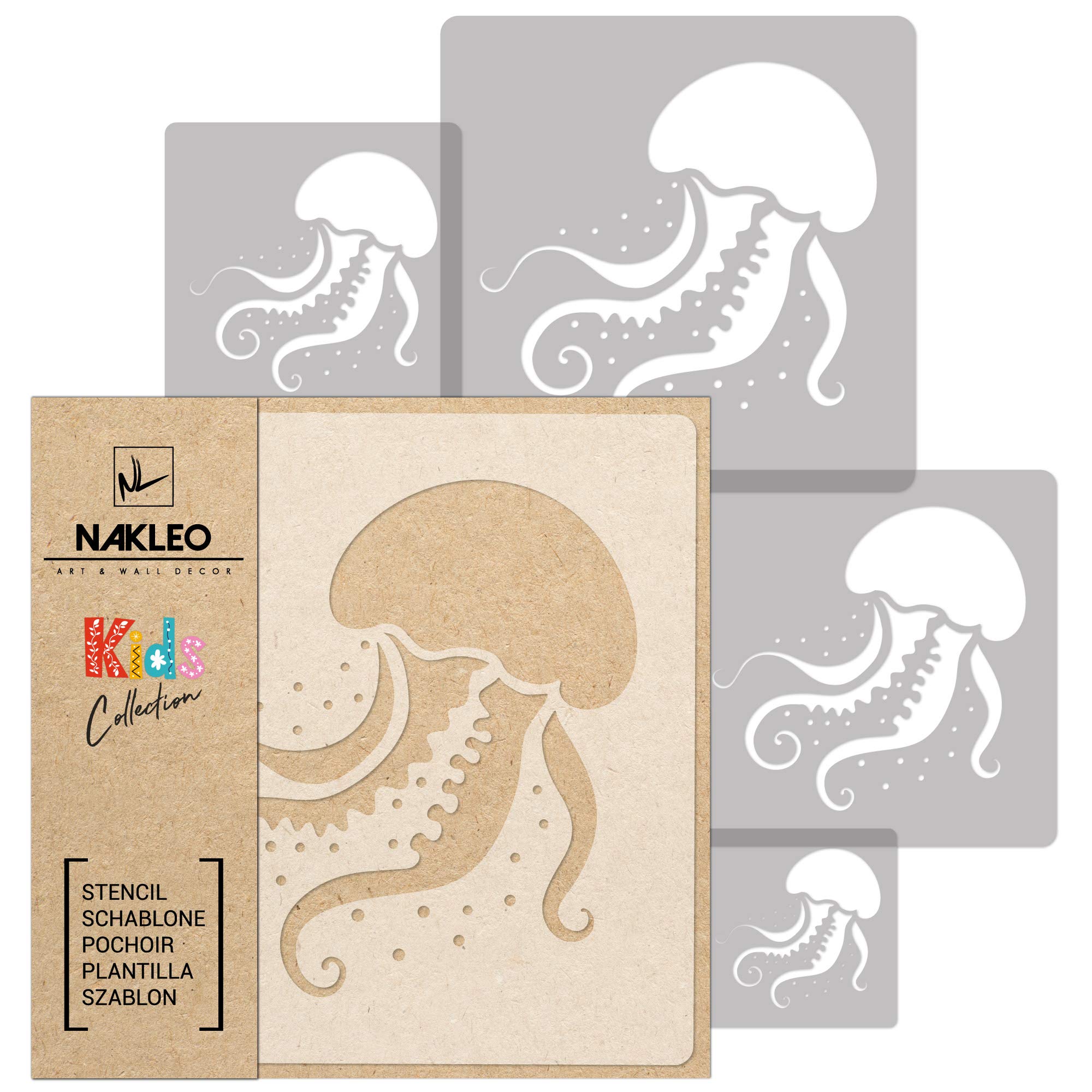 NAKLEO Painting Stencils Set for Nursery Room, 5 Pcs Templates 9x9 to 34x34cm Jellyfish Marine Animal, Plastic and Reusable Drawing Stencils, Decor, Craft DIY Wall Furniture