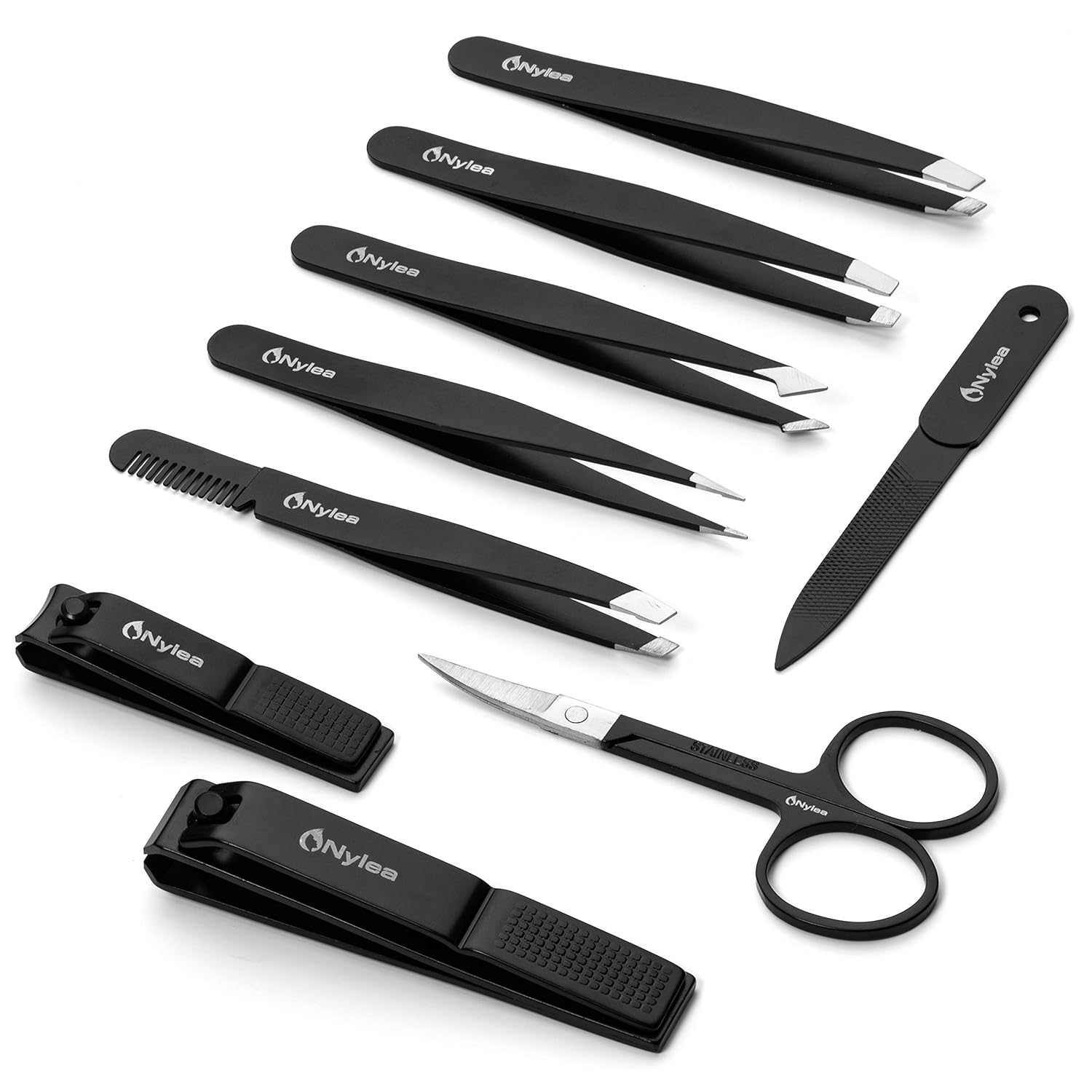 Nylea 9pcs Precision Tweezers with Nail Clippers Set - Stainless Steel Slant Pedicure Scissors for Toe Nail, Eyelashes Eyebrows Extensions, Ingrown Hair - Acrylic Thick Fingernails for Men & Women : Beauty