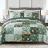 Exclusivo Mezcla Reversible Boho Quilts Queen Size, Green Bedspreads Lightweight Coverlet All Season Patchwork Quilt Bedding Set with Printed Floral Pattern (1 Quilt, 2 Pillow Shams)
