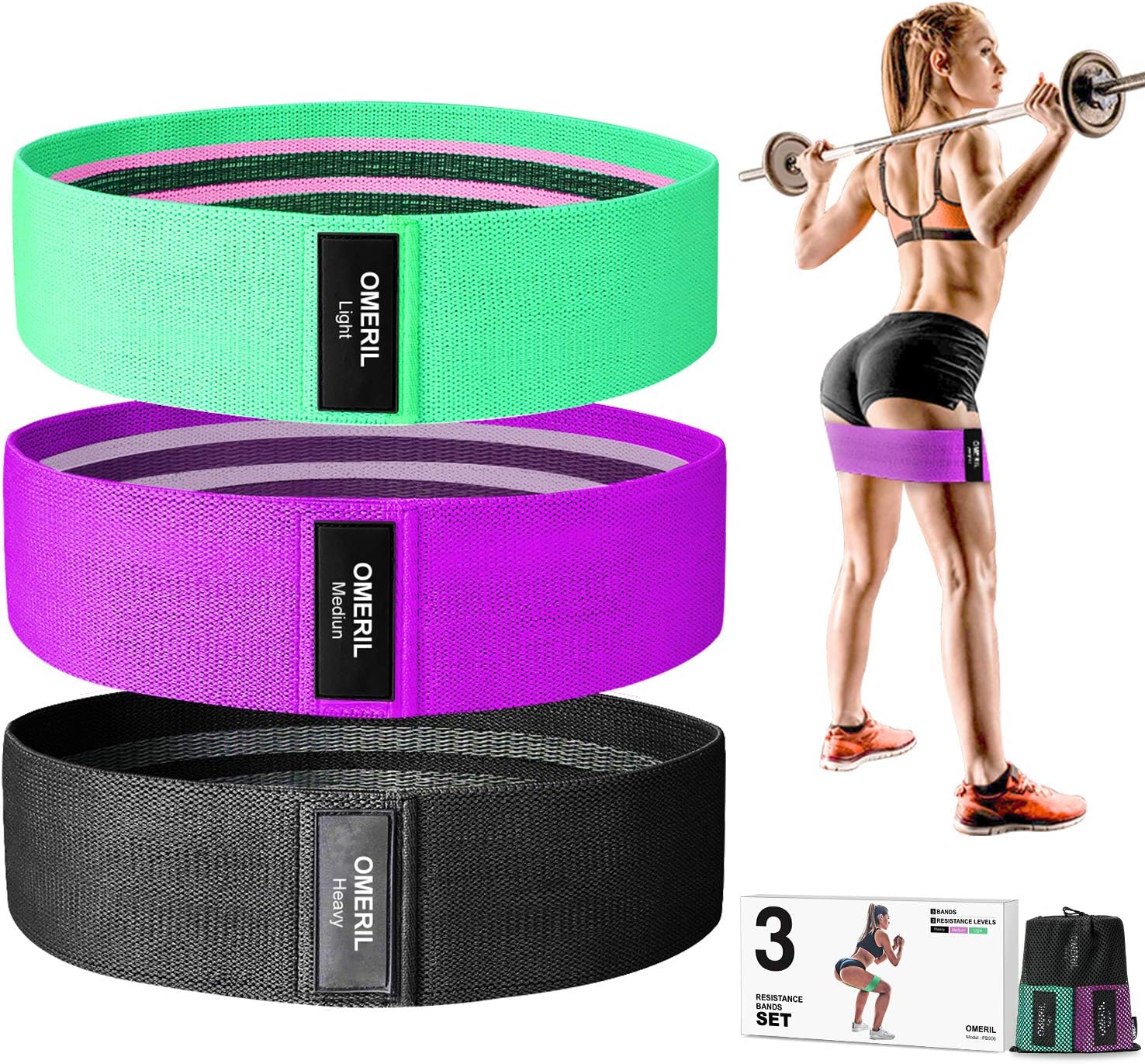 OMERIL Resistance Bands, 3 Packs Fabric Workout Bands (Black, Purple