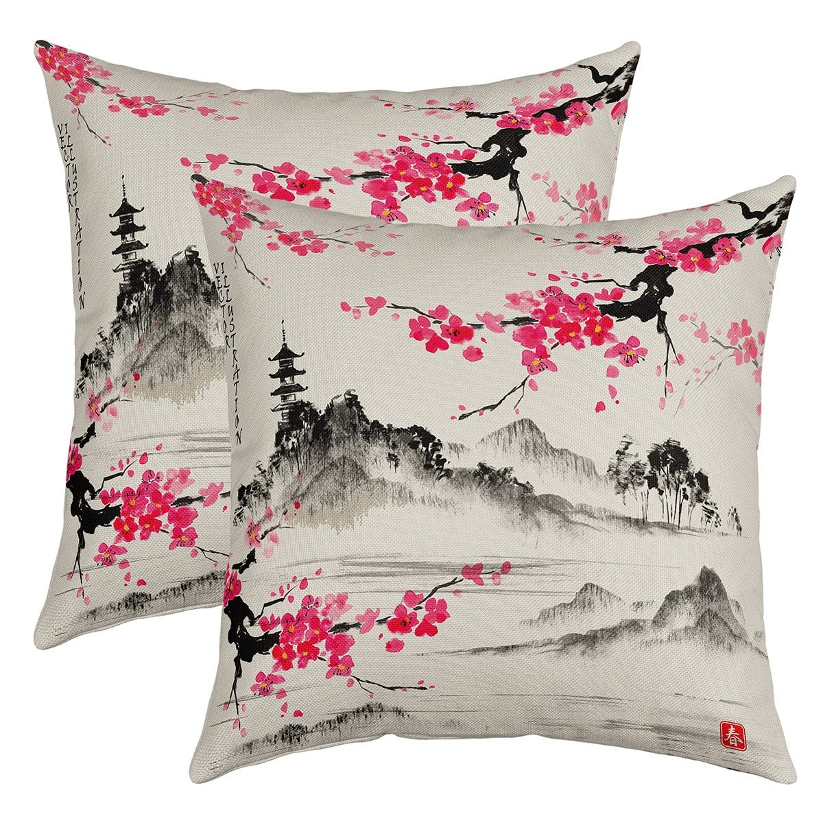 Set of 2 Japanese Style Throw Pillow Covers Japanese Ukiyoe Cushion Case for Home Living Room Decor Reversible Sakura Flower Traditional Retro Theme Pink Decorative Throw Cushion Case 16x16 Inch