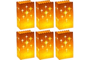 Sherr 100 Pcs White Luminary Bags Flame Resistant Paper Candle Bags Stars Design Luminaries Reusable fire Retardant Lantern for Wedding Valentine's Day Thanksgiving Christmas Engagement