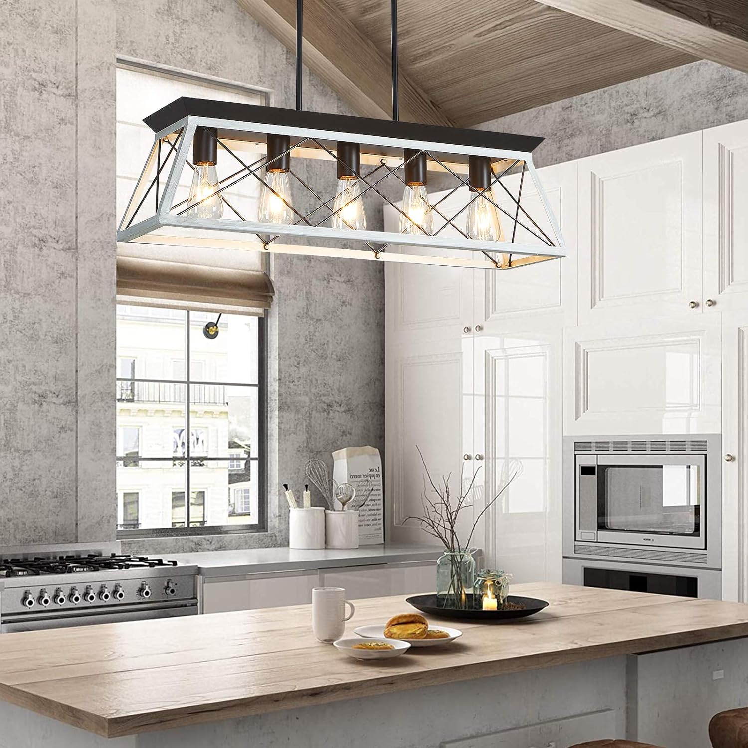 5-Light Farmhouse Kitchen Island Chandelier, Metal Linear Island Pendant Light Fixtures in White Finish for Dining, Living Room, Bar, Restaurants (White, 5-Light) - - 