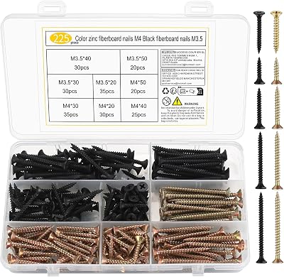MMDBD 225Pcs Wood Screws Set M3.5 M4 Self Tapping Flat Head Assorted