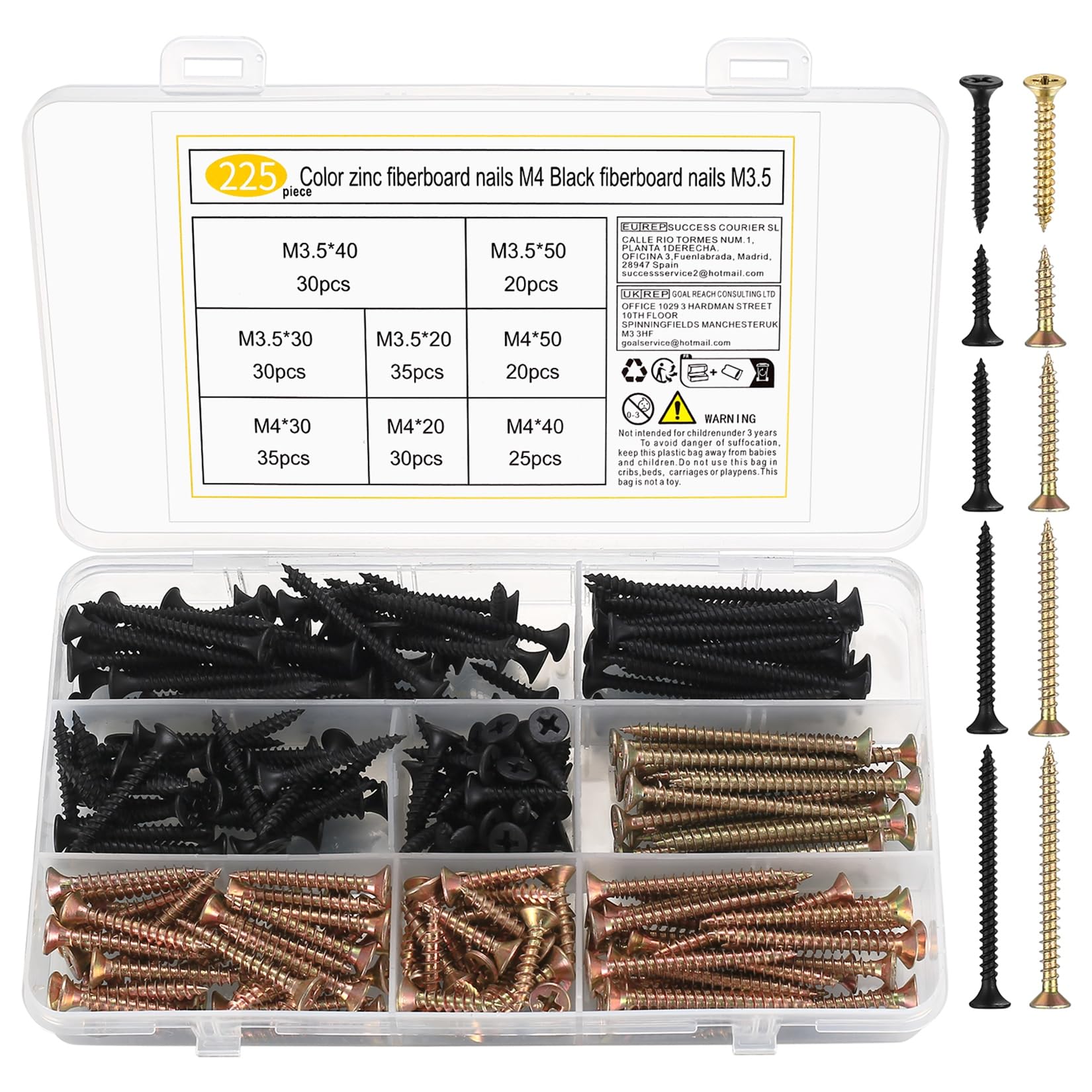 225 Pcs M3.5 M4 Screws for Wood, Assorted Self Tapping Wood Screws Set, Cross Countersunk Flat Head Self Drilling Drywall Screw for Wood, Chipboard, Masonry, Door Hinges