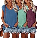 LOOKFACE 3 Pack Womens Cap Sleeve Tops V Neck T Shirts Casual Spring Summer Beach Vacation Fashion Basics Tee Clothes