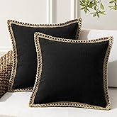 Phantoscope Pack of 2 Farmhouse Decorative Solid Pillow Cover Burlap Linen Trimmed Tailored Edges, Black, 18 x 18 inches, 45 x 45 cm