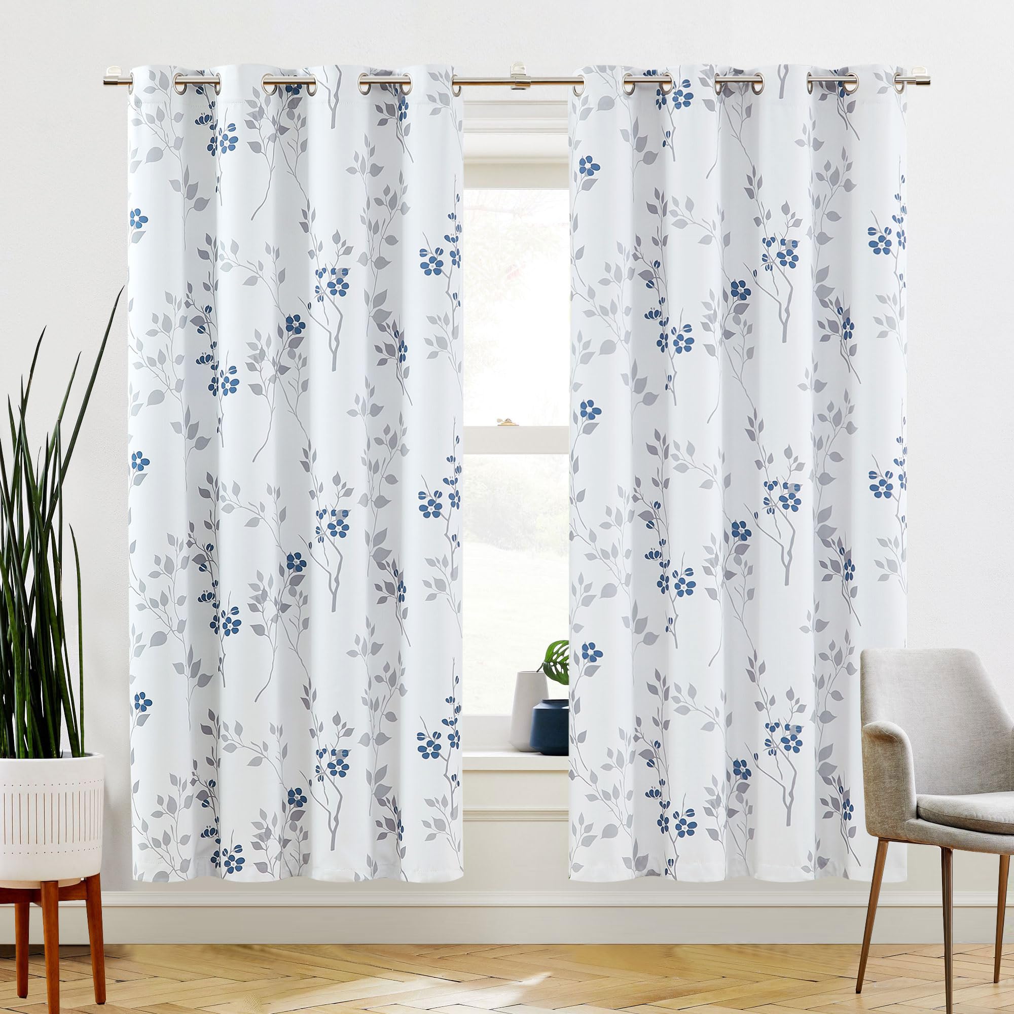 Beauoop Blue Grey Floral Blackout Curtains for Bedroom Living Room 72 Inch Drop Leaf Print White Eyelet Curtain Botanical Thermal Insulated Noise Reducing Window Curtain Drapes 2 Panels