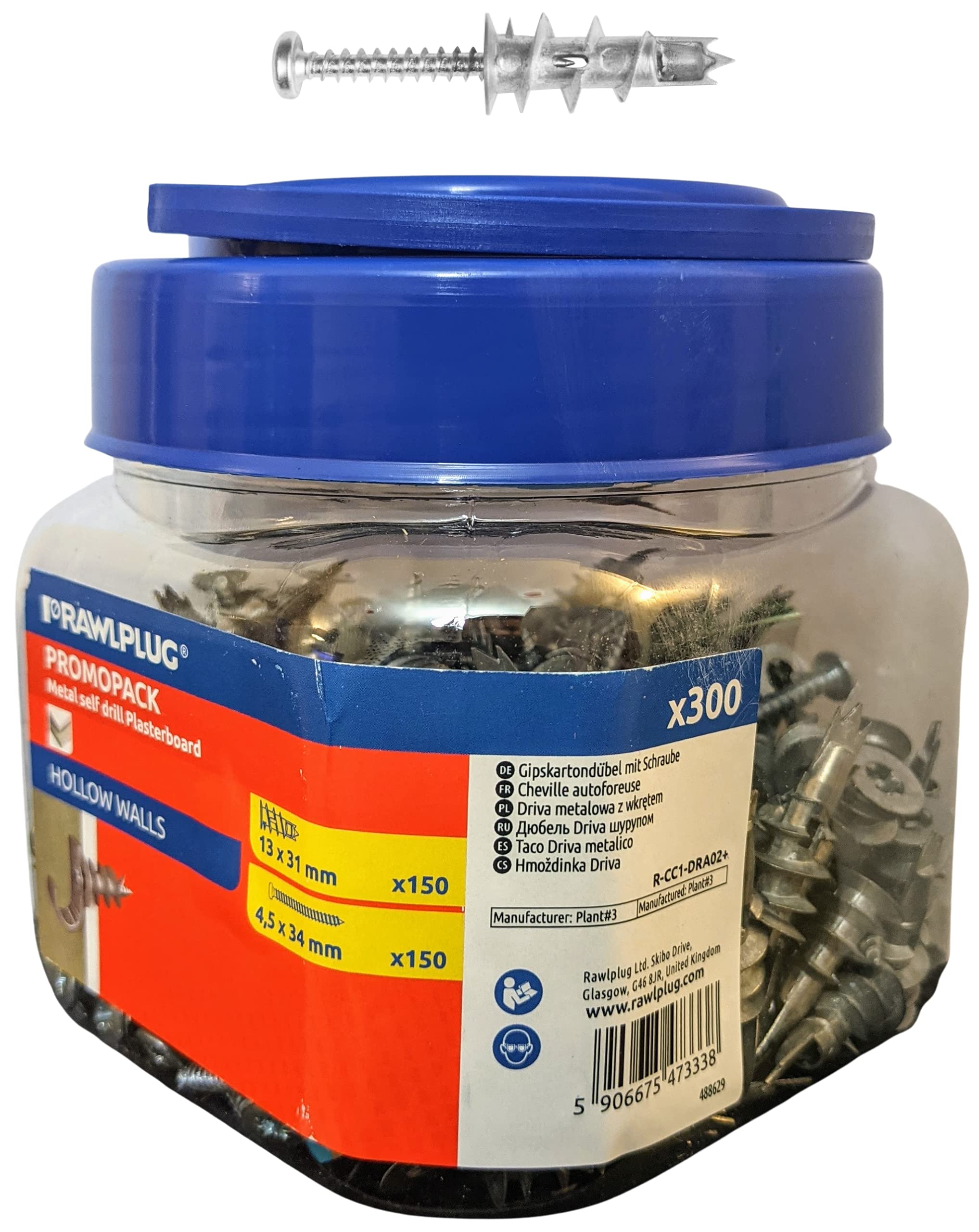 Rawlplug DRA02 Metal self Drilling plasterboard fixings with Screws - Jar of 150 Fixings + 150 Screws
