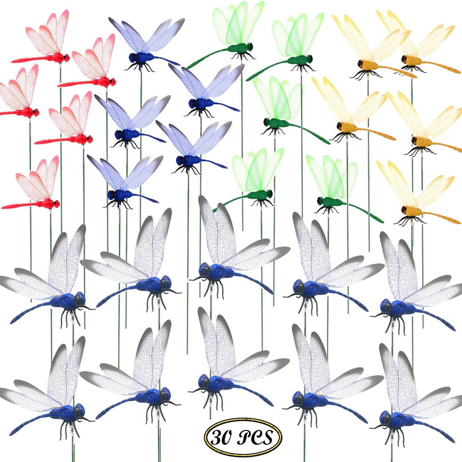 Allazone 30 PCS Dragonfly Garden Stakes, 2 Size Artificial Dragonfly Stakes Indoor Outdoor Yard Garden Flower Pot Decoration, Miniature Fairy Garden Decoration