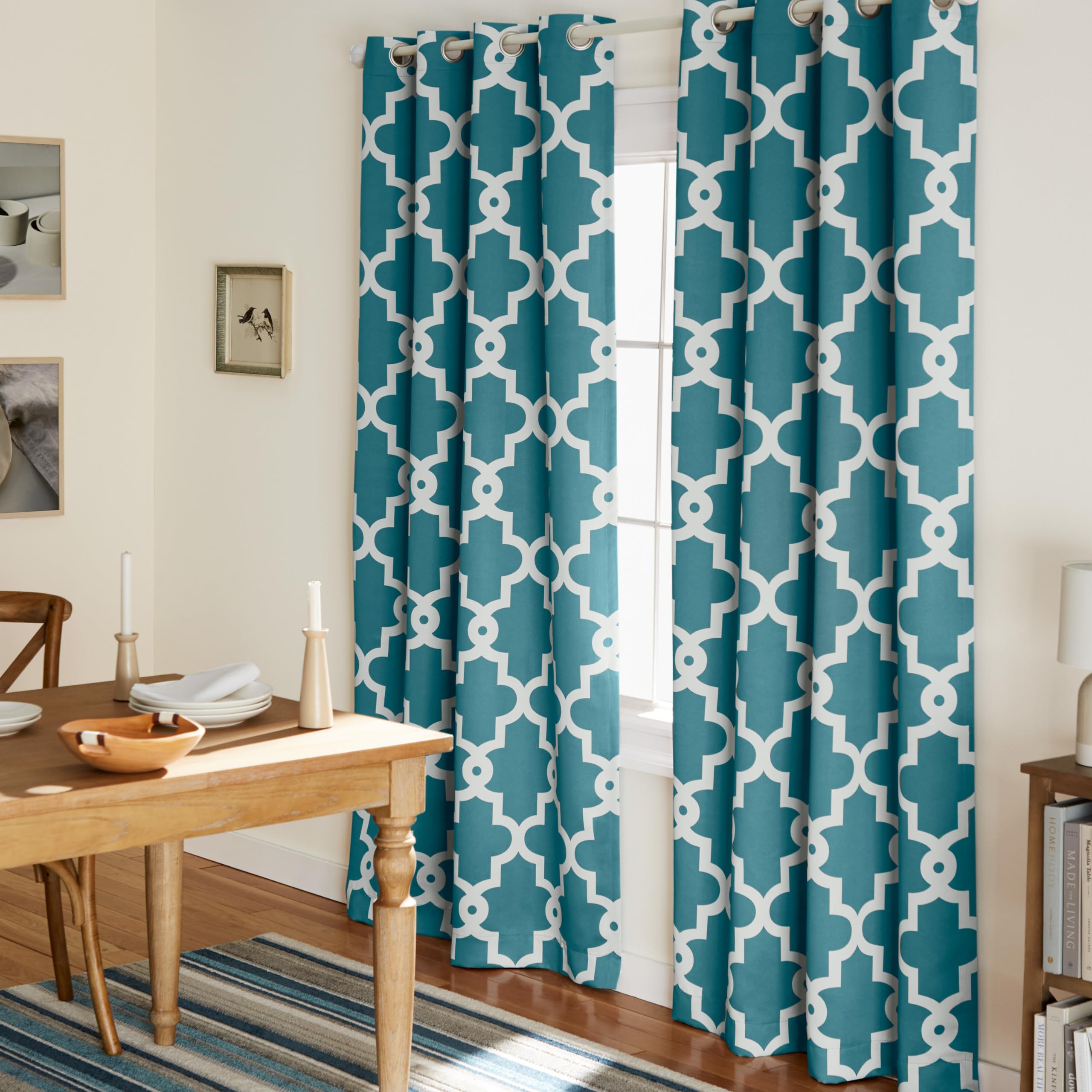 TOWN & COUNTRY EVERYDAY Ironwork Geo Trellis Sateen Indoor Curtains, Room Darkening Blackout, Grommet Top, Energy Efficient, 2-Pack Set, 52"x108", Teal Image
