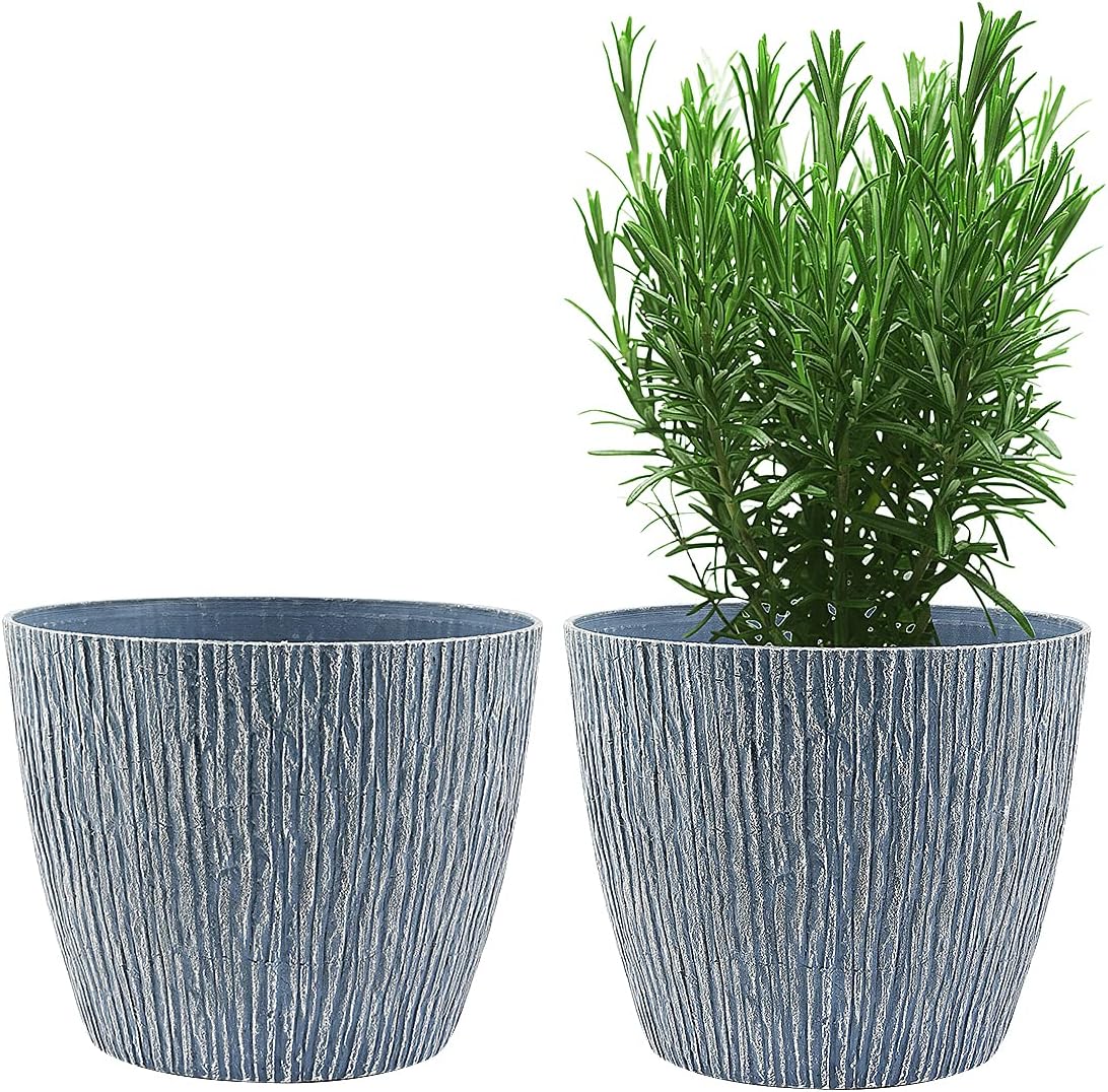 Flower Pots, KOTAO Outdoor Indoor Garden Plant Pots with Drainage Holes, 8 Inch Planters , Stone Pattern Blue, Set of 2