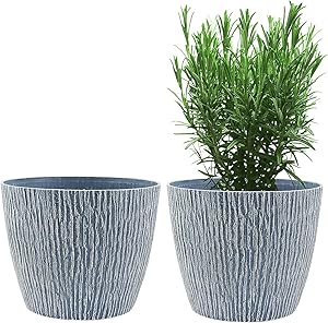 Flower Pots, KOTAO Outdoor Indoor Garden Plant Pots with Drainage Holes, 8 Inch Planters , Stone Pattern Blue, Set of 2