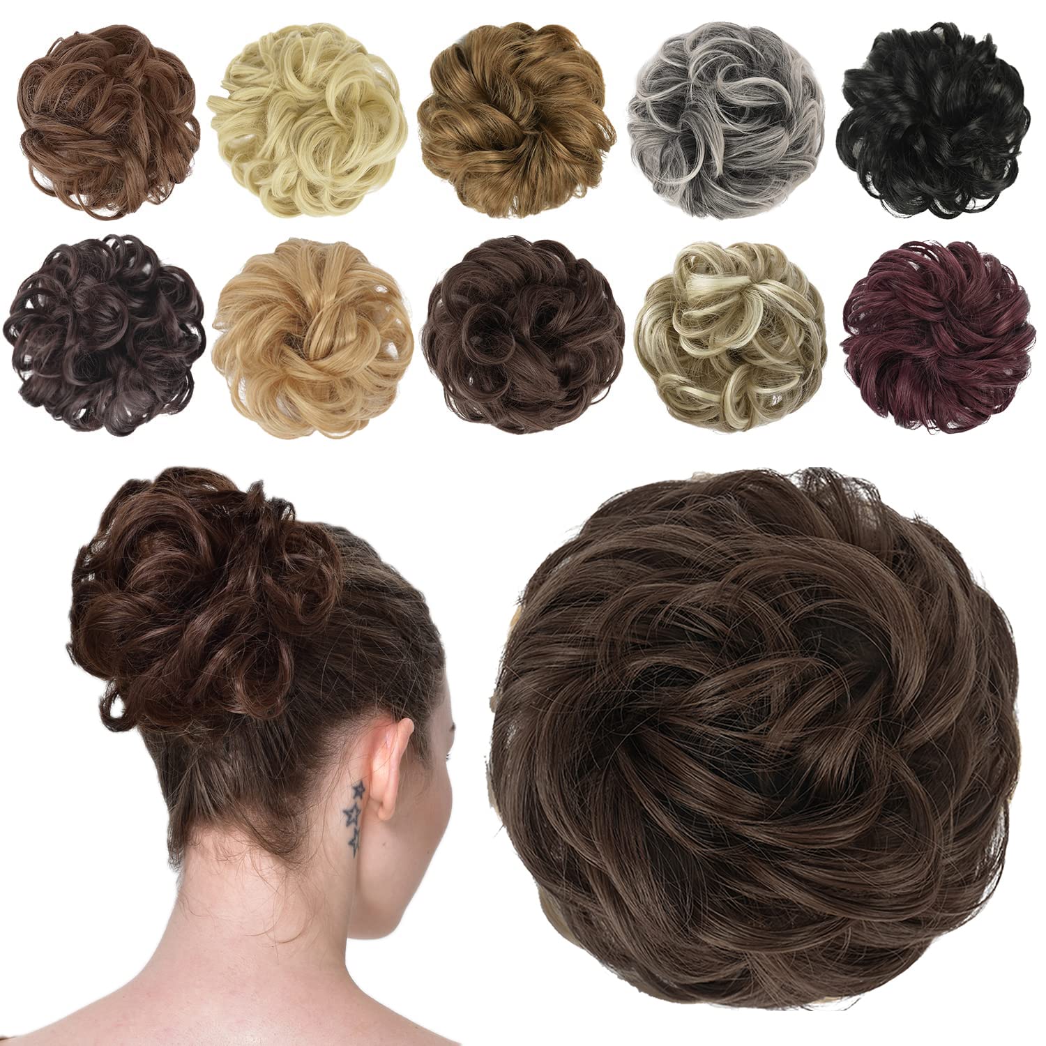 FESHFEN Messy Bun Hair Pieces - Wavy Curly Elastic Hair Bun Scrunchies Ponytail Extensions Synthetic Accessories Chignon Hairpieces for Women, Medium Chestnut Brown 42 g