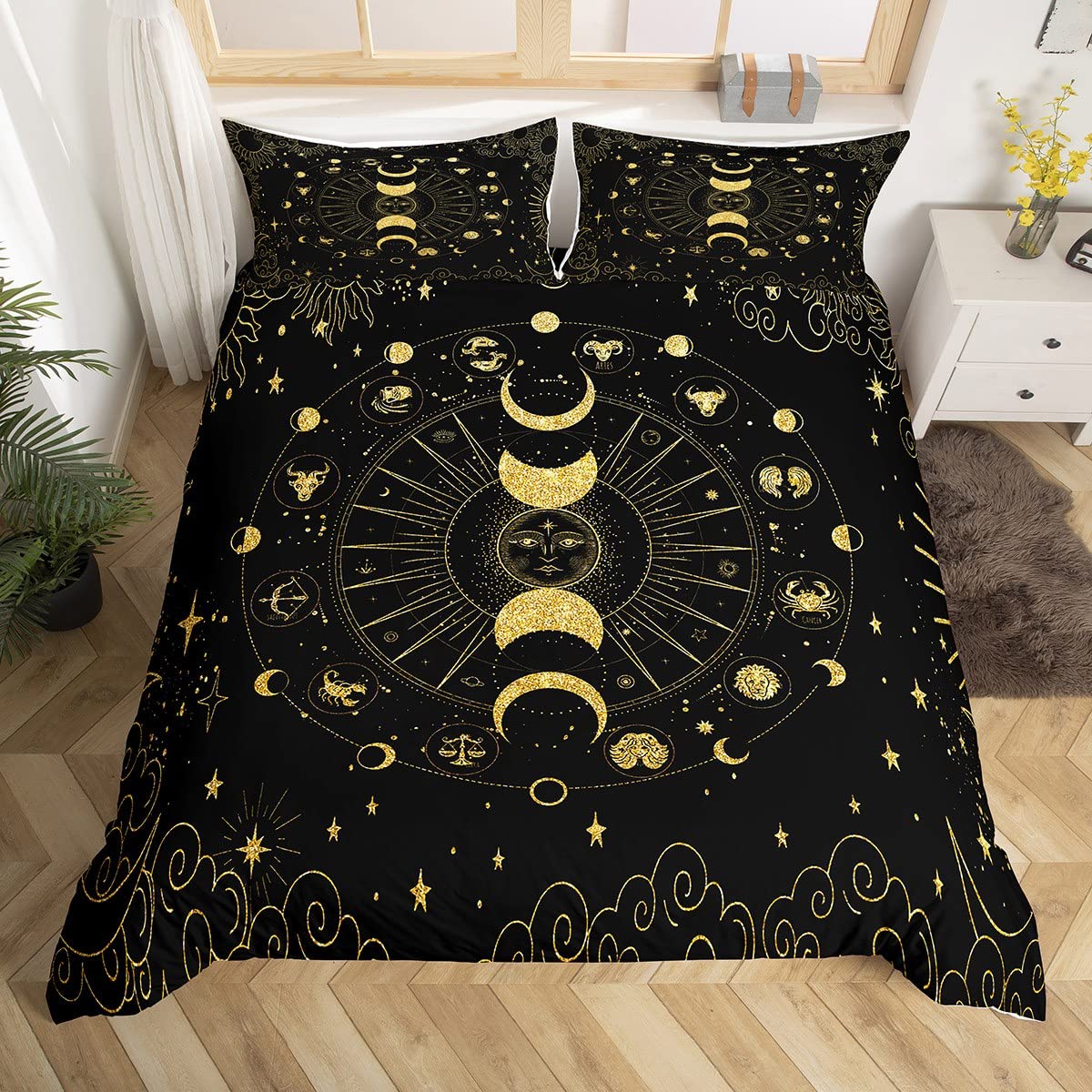 Loussiesd Sun and Moon Comforter Cover Bohemian Mandala Bedding Set for Boys Girls Kids Constellation Zodiac Duvet Cover Golden Black Galaxy Stars Nebula Bedspread Cover King 3Pcs