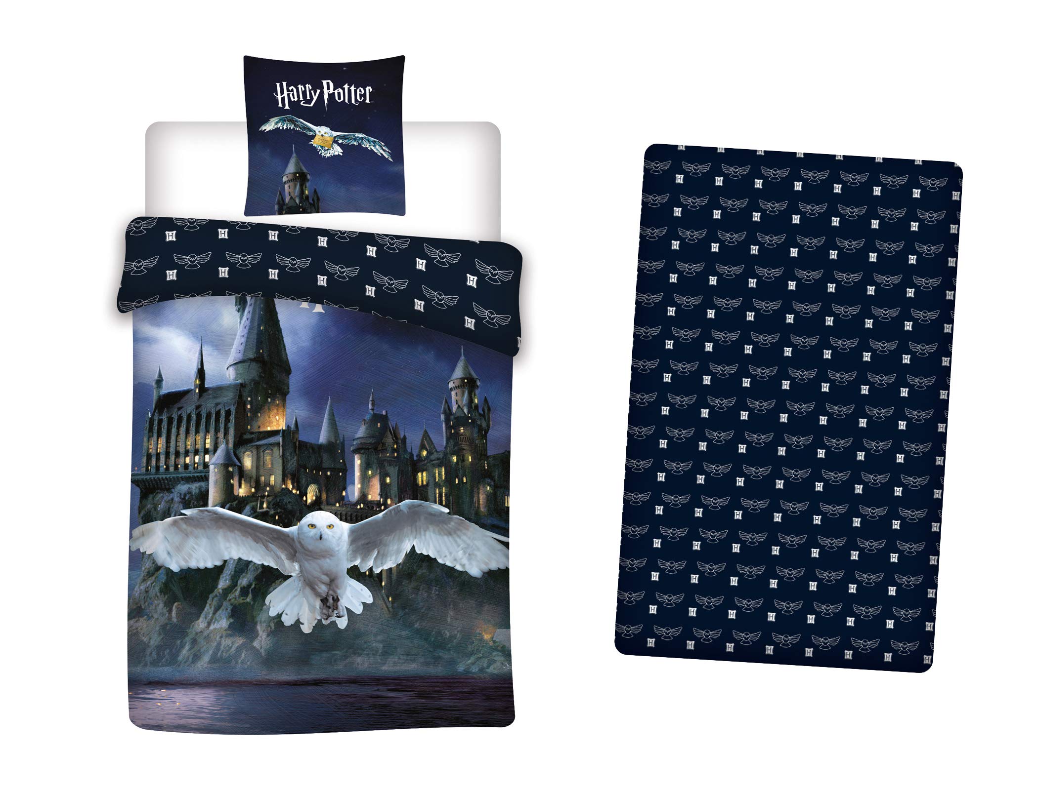 Harry Potter 3-Piece Bedding Set, 100% Polyester, Duvet Cover 140 x 200 cm + Pillowcase 63 x 63 cm + Matching Fitted Sheet 90 x 190 cm, Hogwarts & Hedwig Design