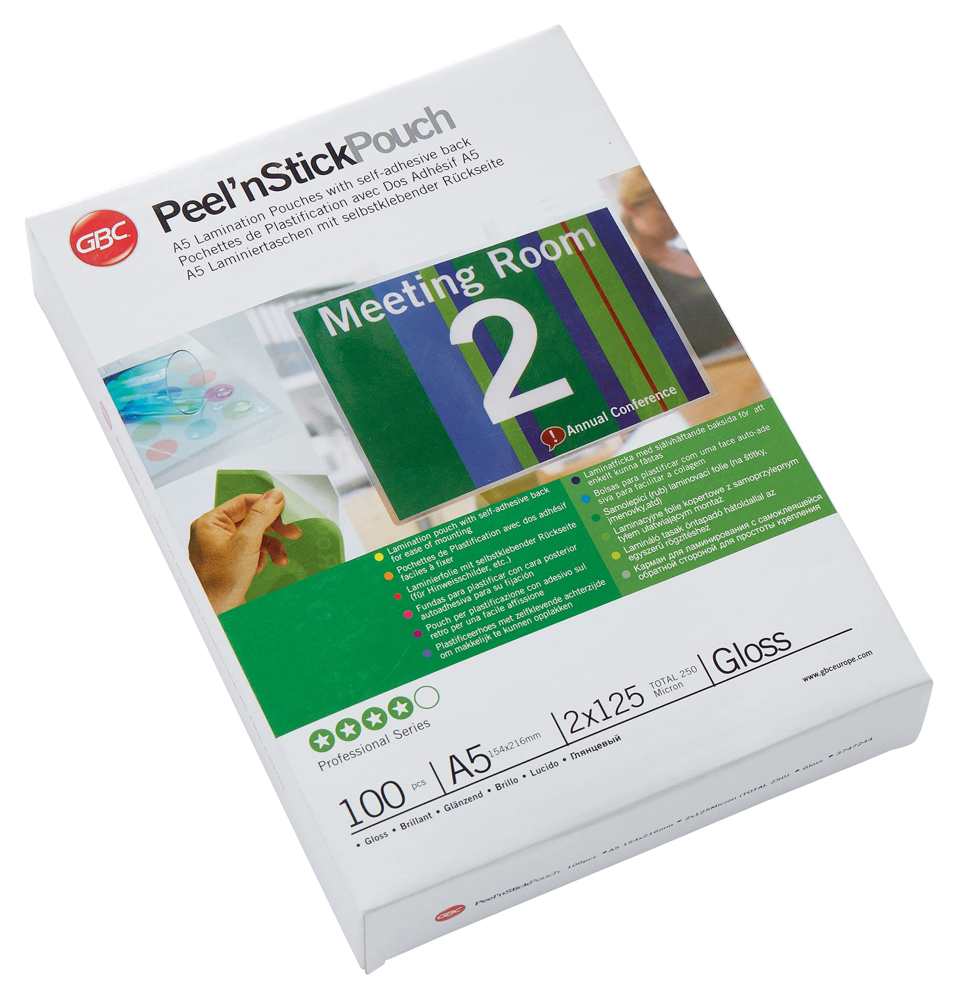 GBC A5 2x125 Micron Peel n' Stick Gloss Laminating Pouches, Pack of 100, 3747244