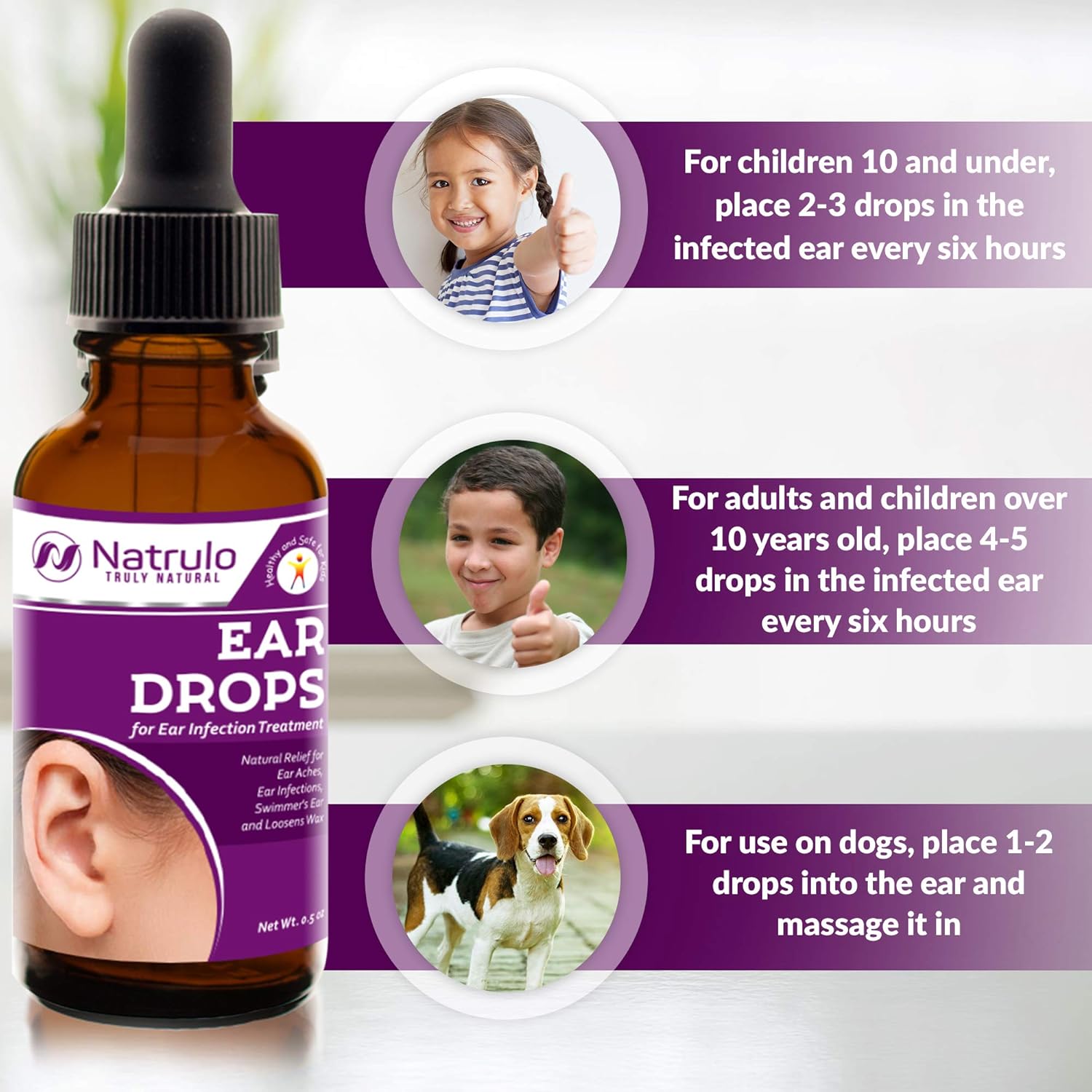 Natrulo Natural Ear Drops for Ear Infection Treatment - Homeopathic, Herbal Eardrops for Adults, Children & Pets - Relieves Ear Aches, Infections, Swimmer's Ear, Loosens Wax - Kids Safe, Made in USA: Health & Personal Care