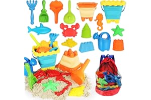 Elovien Beach Sand Toys Set, 24PCS Sandbox Toys with Mesh Backpack Bag Included 2 Foldable Buckets Pails, Sand Molds, Shovels, Rakes and Watering Can, Summer Outdoor Toys for Kids Toddlers Boys Girls