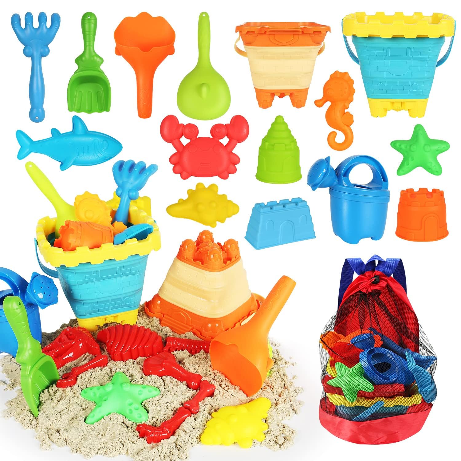 Elovien Beach Sand Toys, 24Pcs Sand Pit Toys with 2 Collapsible Buckets and Spade, Mesh Backpack Bag, Sand Molds and Watering Can, Summer Outdoor Toys for Kids Toddlers Boys Girls