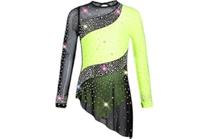 Xroufi Kids Girls Ice Figure Skating Dress Sparkle Long Sleeve Dance Dress Irregular Sheer Mesh Skirted Leotard