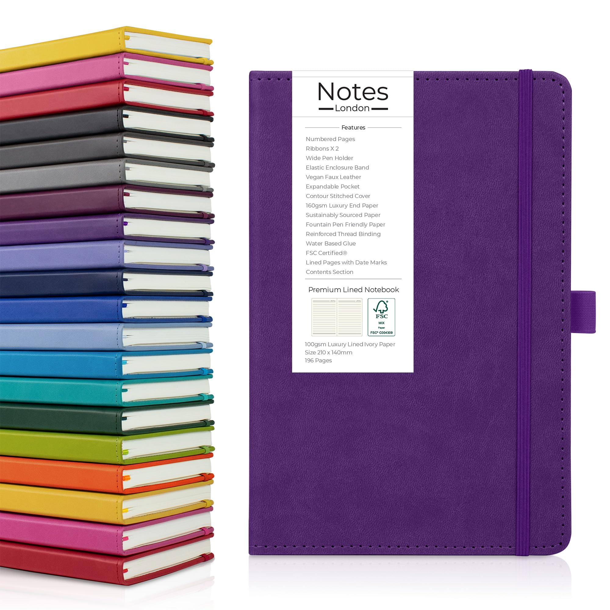 Notes London Luxury Italian style A5 Notebook with Stitched Hardcover, 100gsm Lined Numbered & Date Marked Pages, 2x Ribbons, Pen Loop, Contents Page, Paper Pocket, Medium Journal (Purple)