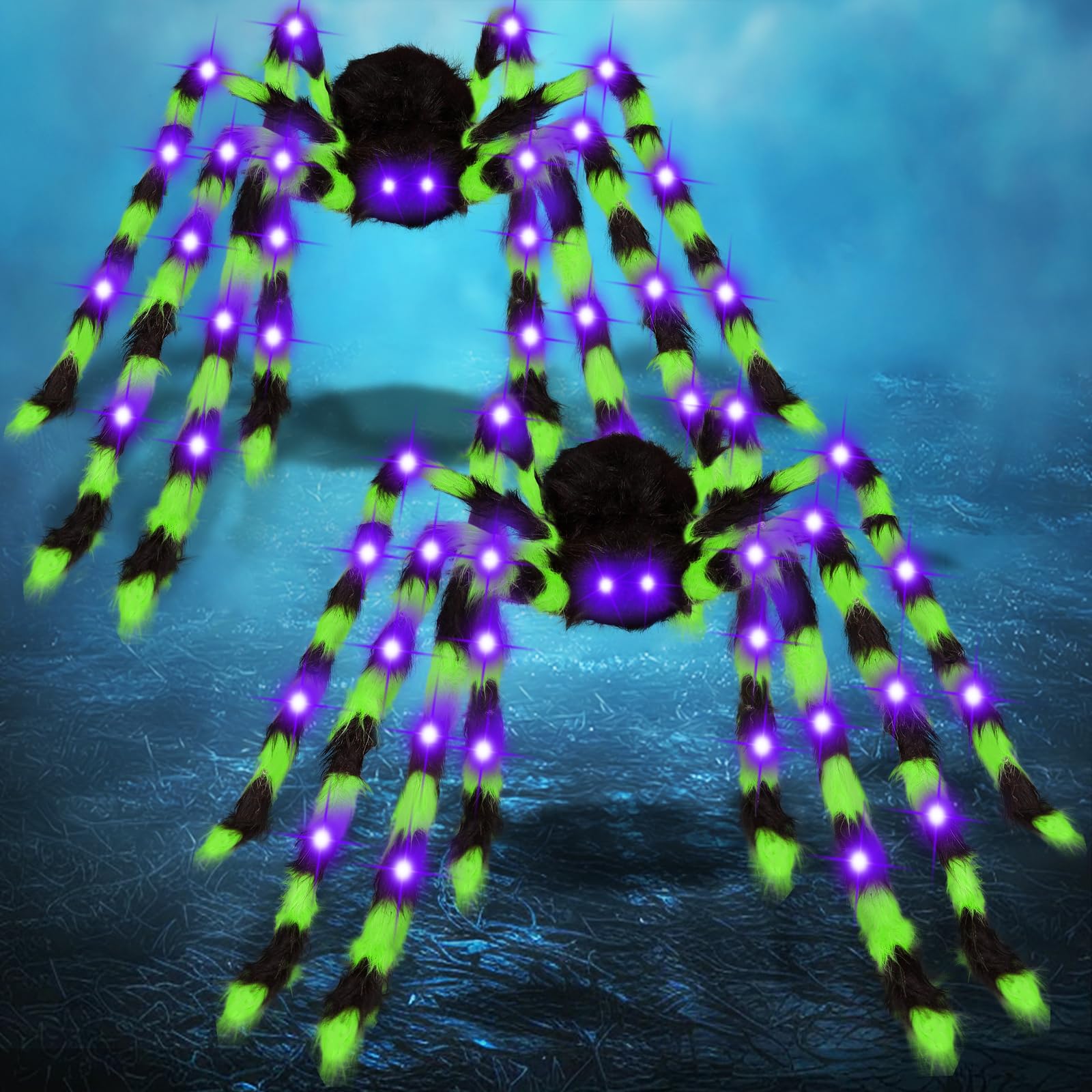 Photo 1 of 2 Pack 50 Inch Giant Halloween Light up Spiders Outdoor Decorations, Scary Giant Spider with 26 Purple LED Lights, Fake Large Spider for Indoor Outside Haunted Party Favor Yard Home House Props Decor