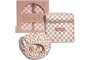 Kitsch Love & Comfort 2PC Spa Set - Satin Lined Reusable Waterproof Shower Cap and XL Quick Dry Hair Towel Wrap for Women, Microfiber Towel, Flexi Shower Cap For All Hair Types - Terracotta Checker