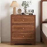LEVNARY Farmhouse 3-Drawer Nightstand with Carved Sides, Wooden End Table with Stable Base, 23-inch Wide Bedside Table, Small Dresser Chest of Drawers for Bedroom Living Room (Walnut)