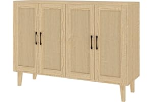 Panana Buffet Storage Cabinet with Rattan Decorating 4 Doors Living Room Kitchen Sideboard 48.43 x 34.65 x 15 inch (Natural Wood)