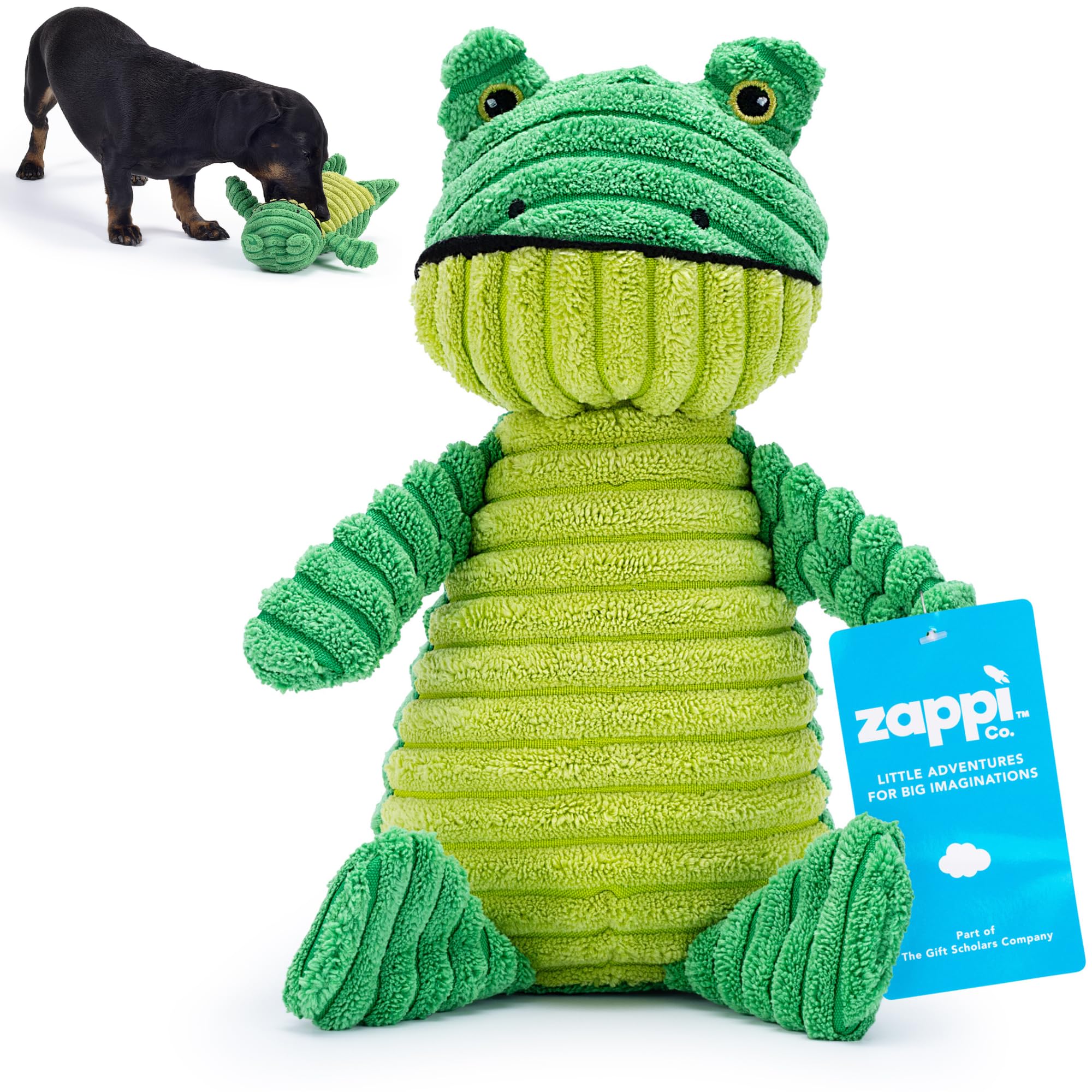 Green Frog Plush Dog Toy with Squeaker – Soft, ribbed fabric for interactive play. A great choice for small and medium dogs' playtime with squeaky toys.